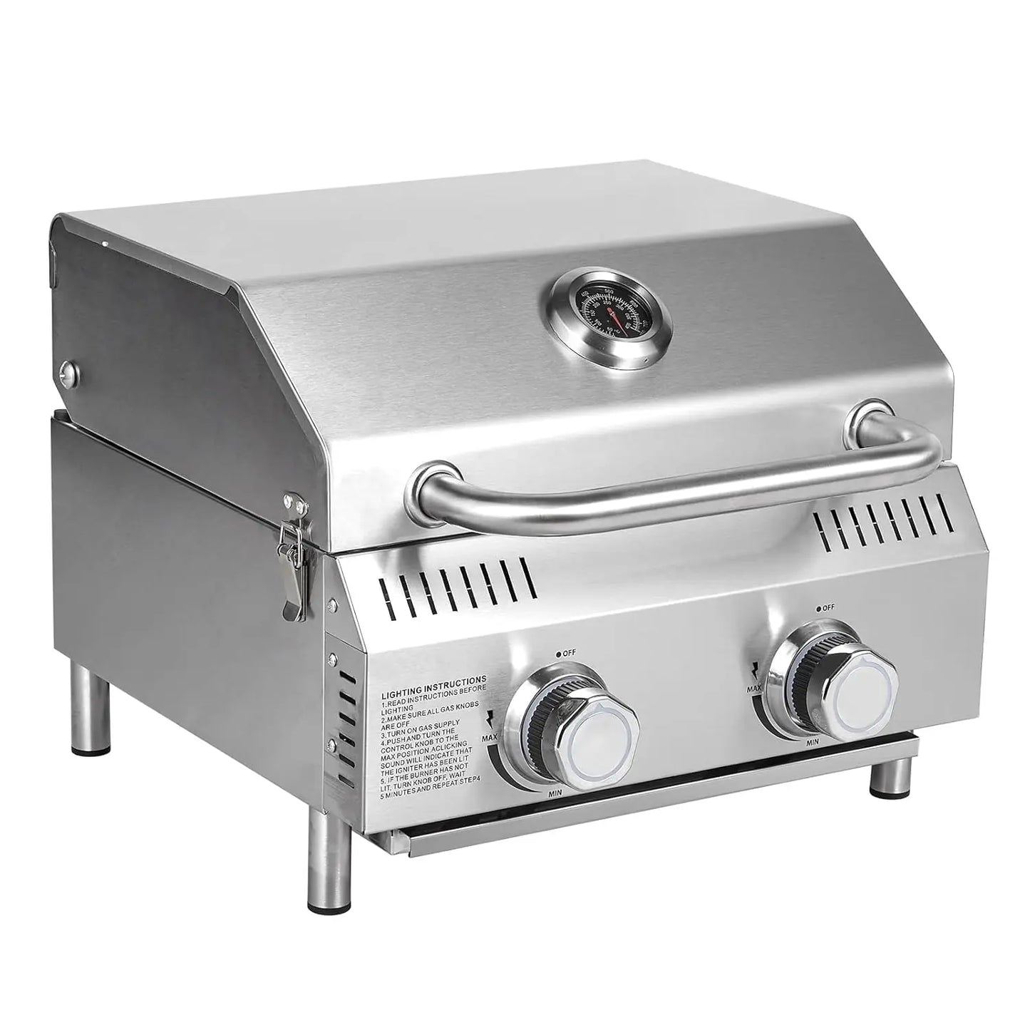 20000 BTU 2-Burner Tabletop Gas Grill – Stainless Steel Grill with Glass Lid, Portable Outdoor Cooking Grill