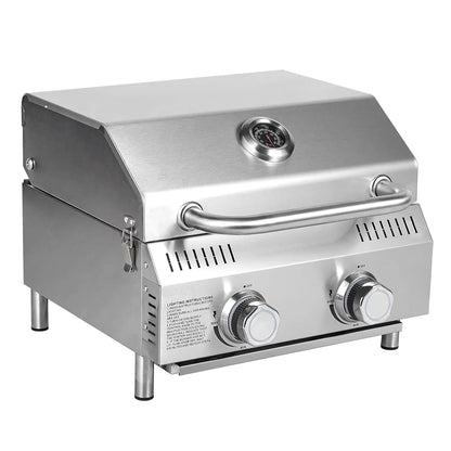 20000 BTU 2-Burner Tabletop Gas Grill – Stainless Steel Grill with Glass Lid, Portable Outdoor Cooking Grill