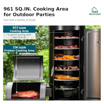Extra-Large Vertical Offset Charcoal Smoker Grill Combo with Hanging Racks & 5 Removable Grates