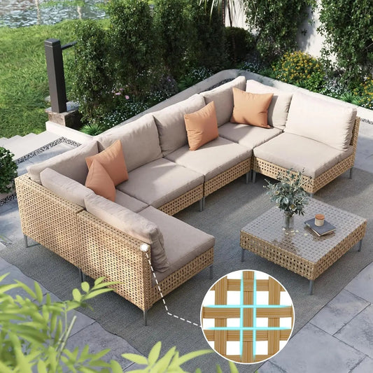 7-Piece Boho Wicker Patio Set – Outdoor Sectional Sofa with Thick Cushions & Coffee Table