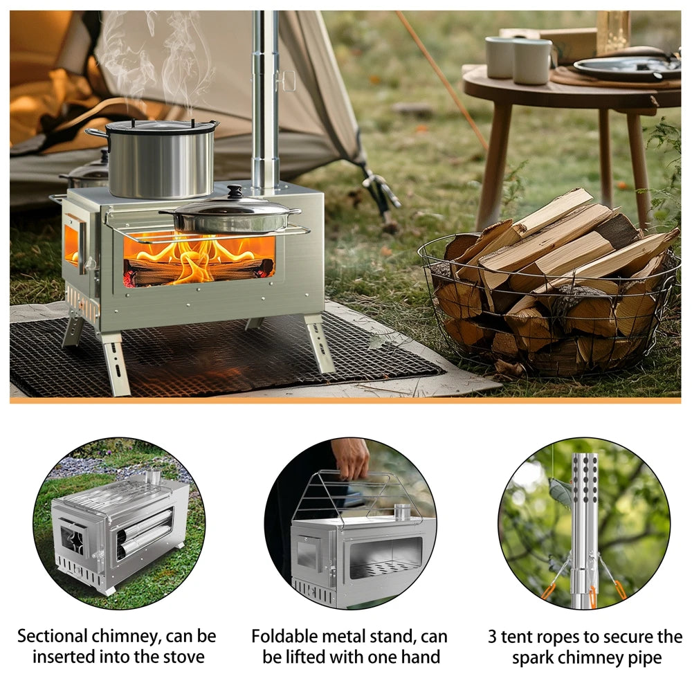Heavy-Duty Portable Stainless Steel Wood Burning Tent Stove with 7 Chimney Pipes for Outdoor Camping & Heating