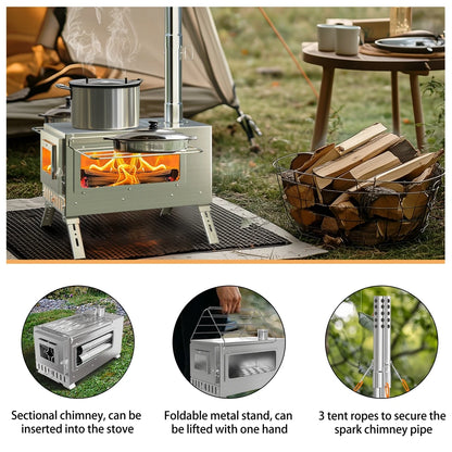 Heavy-Duty Portable Stainless Steel Wood Burning Tent Stove with 7 Chimney Pipes for Outdoor Camping & Heating
