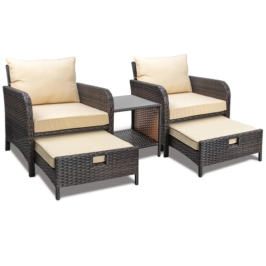 5-Piece Outdoor PE Rattan Conversation Set with Lounge Chairs & Plush Cushions