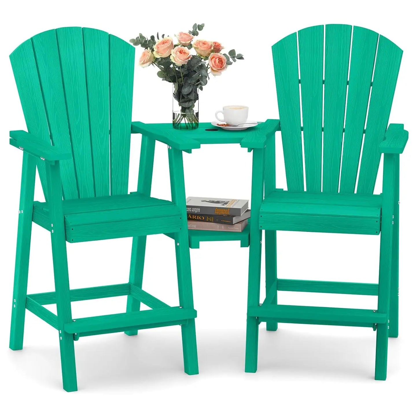 Set of 2 HDPE Tall Adirondack Chairs with Connecting Tray, All-Weather Design