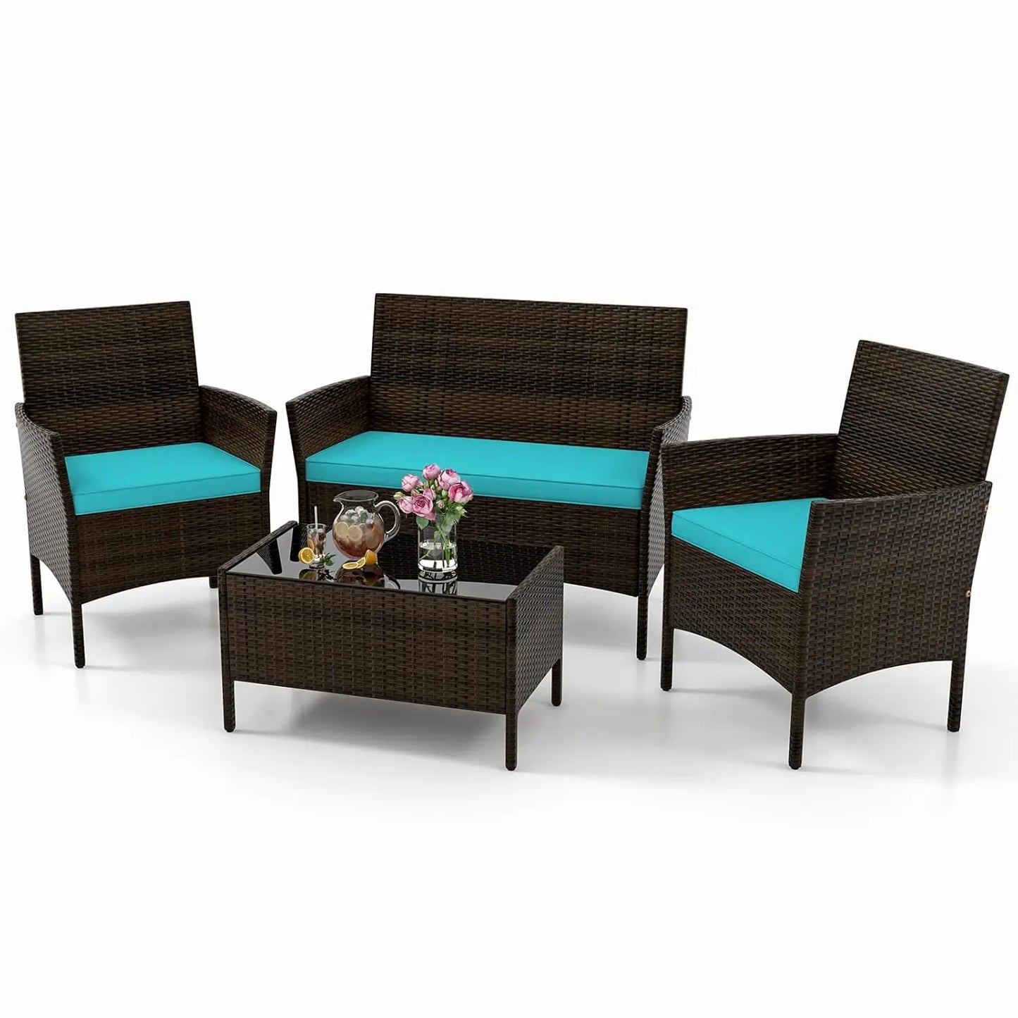 4-Piece Outdoor Rattan Patio Set – Conversation Set with Loveseat, Wicker Chairs & Tempered Glass Coffee Table