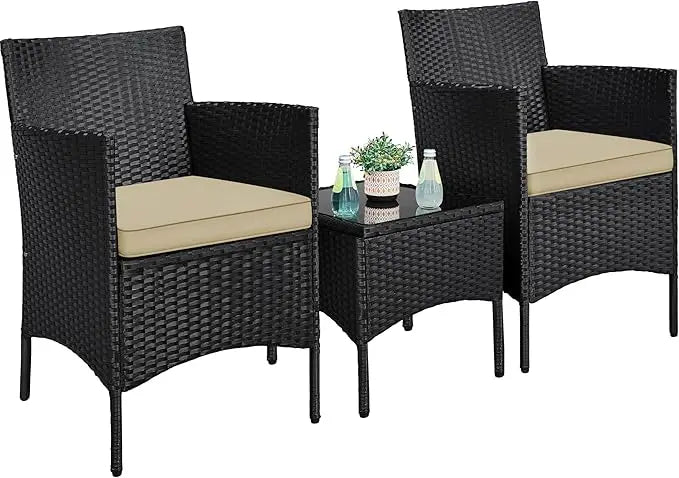 3-Piece Outdoor Patio Furniture Set, PE Rattan Wicker Conversation Set with Soft Cushions & Glass Coffee Table