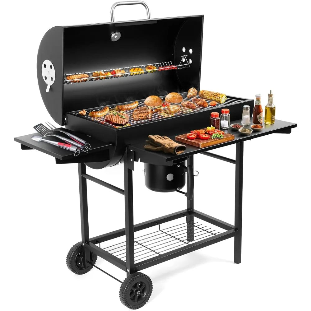 Luxury Barrel BBQ Grill & Smoker with Side Table for Backyard Cooking