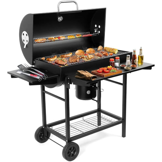 Luxury Barrel BBQ Grill & Smoker with Side Table for Backyard Cooking