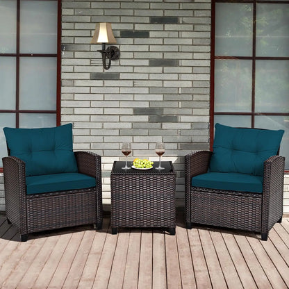 3-Piece Patio Furniture Set – PE Rattan Wicker Sofa Set with Washable Cushions & Tempered Glass Table