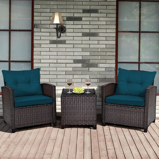 3-Piece Patio Furniture Set – PE Rattan Wicker Sofa Set with Washable Cushions & Tempered Glass Table