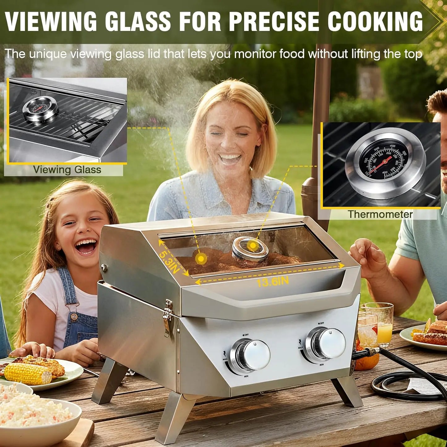 20000 BTU 2-Burner Tabletop Gas Grill – Stainless Steel Grill with Glass Lid, Portable Outdoor Cooking Grill