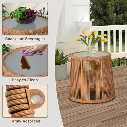 3-Piece Outdoor Wicker Bistro Set, 2 Rattan Chairs with Tempered Glass Table