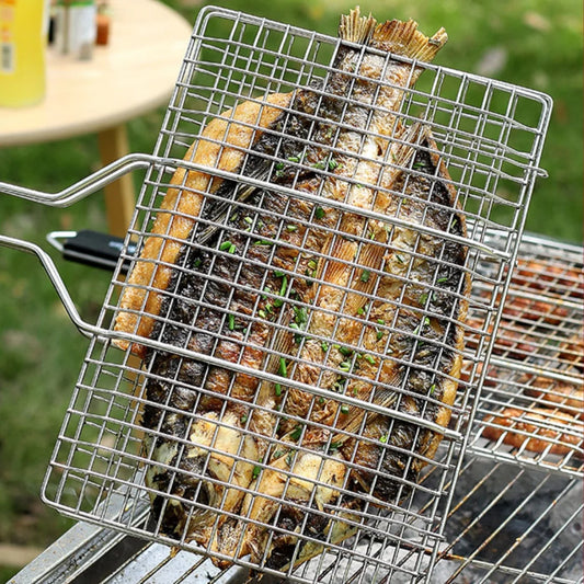 Folding BBQ Grill Basket – Large Grill Net with Detachable Handle for Easy Grilling