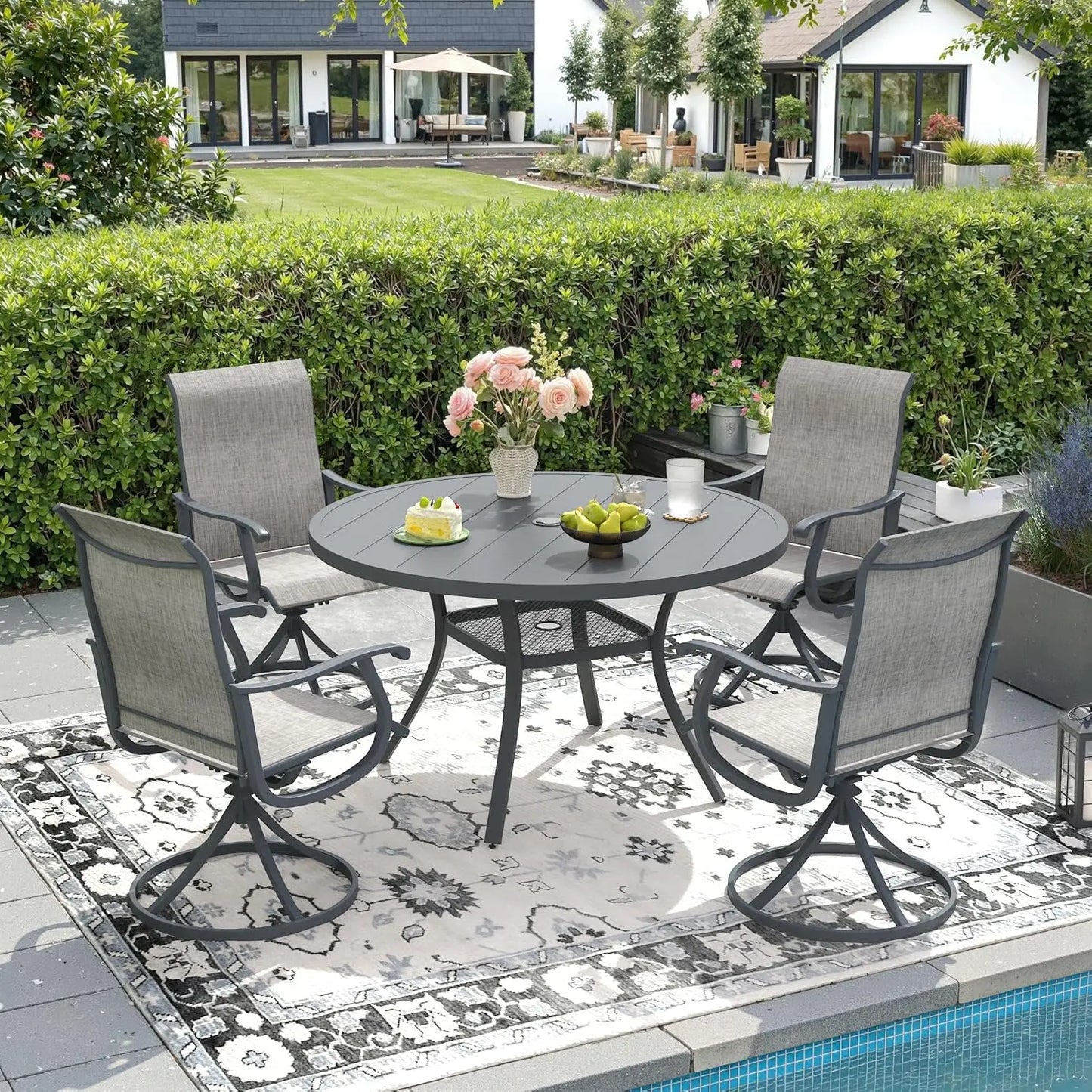 5-Piece Outdoor Dining Set with Textilene Swivel Chairs & 40.6" Round Metal Table