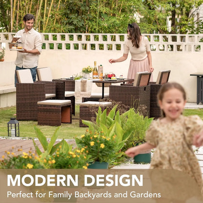 9-Piece Outdoor Rattan Patio Dining Set with Space-Saving Chairs, Glass Table & Cushions