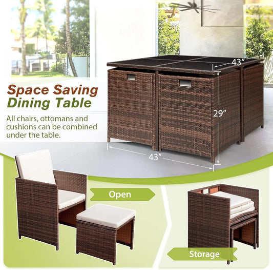 9-Piece Outdoor Rattan Patio Dining Set with Space-Saving Chairs, Glass Table & Cushions