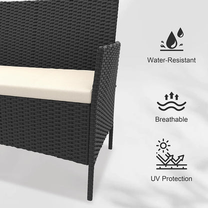 4-Piece PE Rattan Patio Set, 3 Armchairs with Glass-Top Table & Cushions, Outdoor Furniture for Garden & Balcony