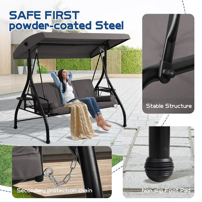 3-Seat Outdoor Patio Porch Swing Glider Bench, Adjustable Canopy, Heavy-Duty Frame with Stand, Customizable Design