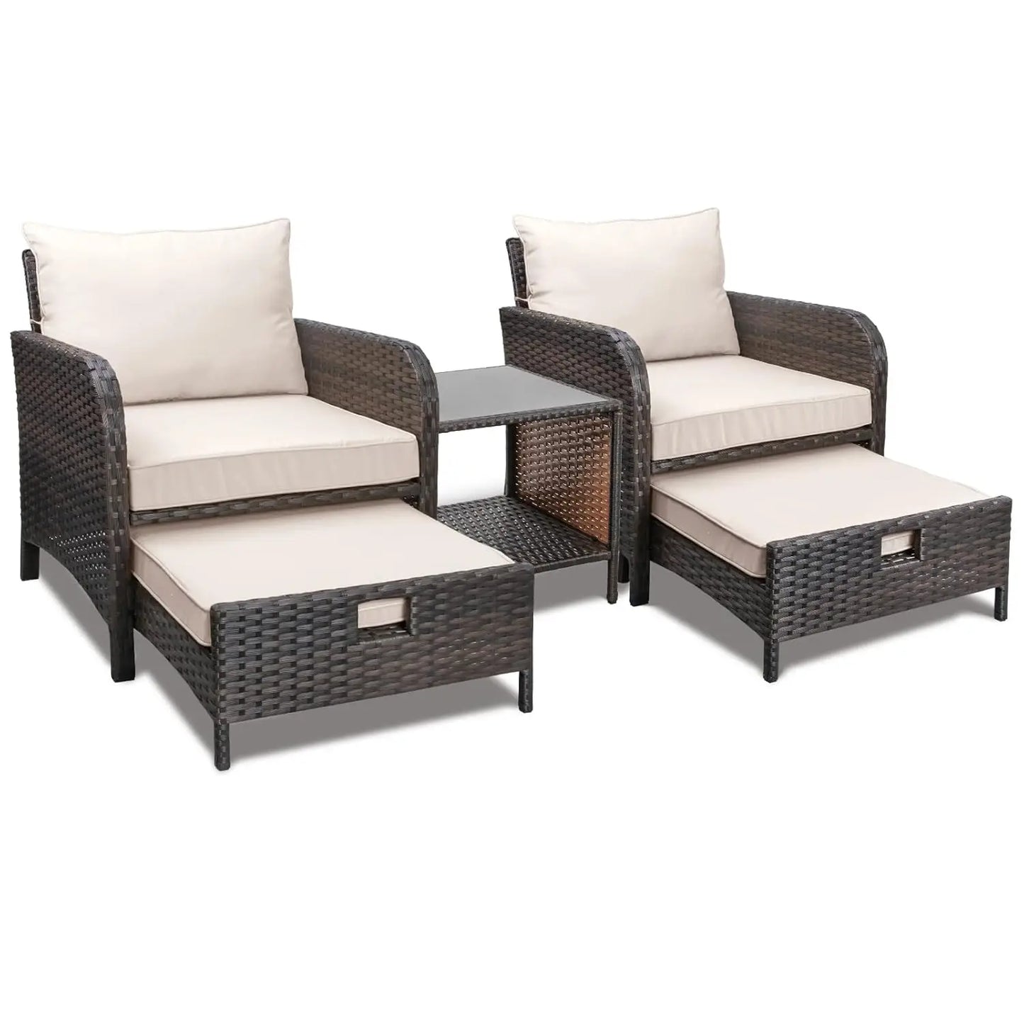 5-Piece Outdoor PE Rattan Conversation Set with Lounge Chairs & Plush Cushions