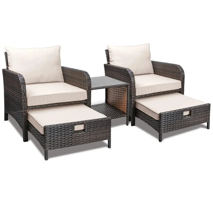 5-Piece Outdoor PE Rattan Conversation Set with Lounge Chairs & Plush Cushions