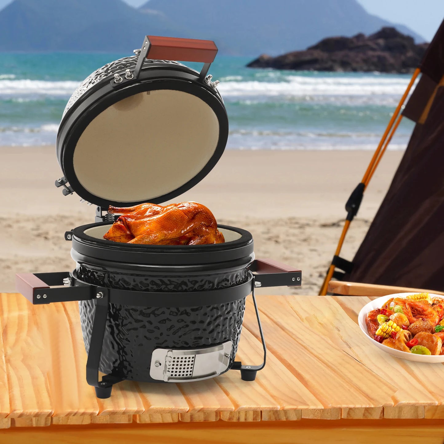13" Ceramic Charcoal Grill & Smoker with Round Design for Outdoor Cooking