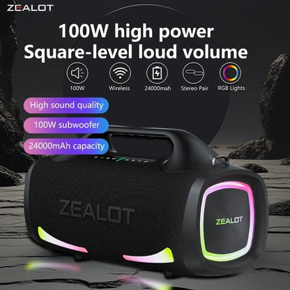 Zealot S79 100W Wireless Speaker, Portable Outdoor Subwoofer, HiFi Sound, Dual Pairing, Fast Charging, 24000mAh Battery