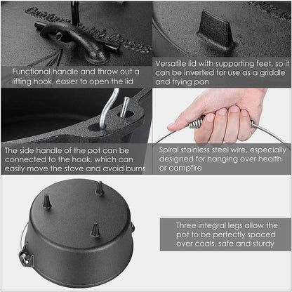 Cast Iron Dutch Oven (5/9/12.5 Qt) – Outdoor Camping Pot for Stew, Soup, BBQ & Picnic Cooking