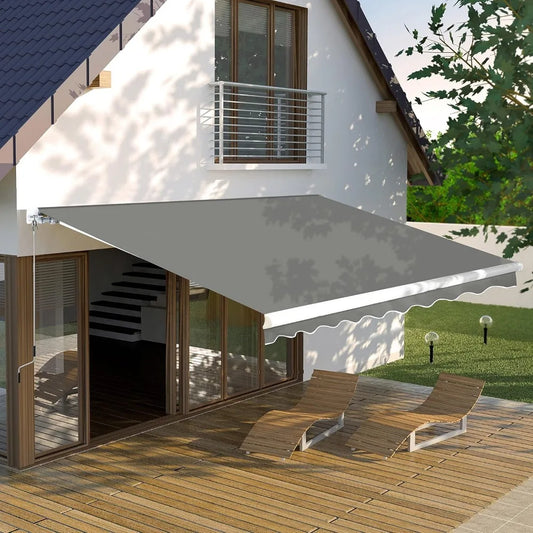 12' x 10' Manual Retractable Outdoor Awning with Crank Handle & Canopy for Patio, Deck & Backyard