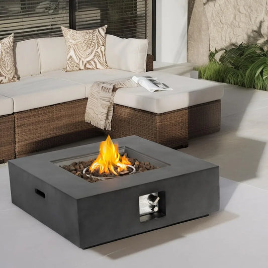 35-Inch Outdoor Propane Fire Pit Table, Square Dark Grey with 50,000 BTU Heat Output, Smokeless Design, Free Lava Rock