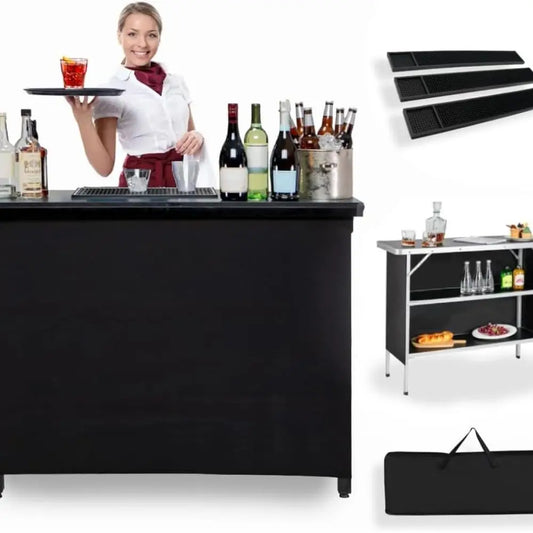 Portable Outdoor Bar Station with Folding Counter and Black Skirt - Travel Table Set for Bartending