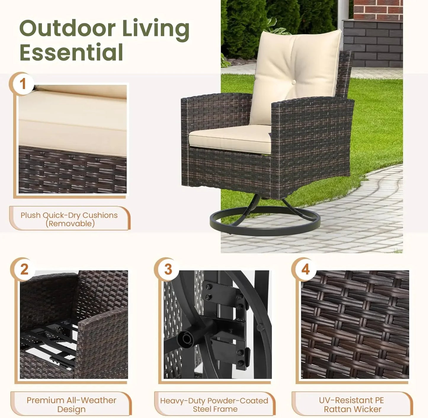 3-Piece Outdoor Patio Bistro Set, 360° Wicker Swivel Rocking Chairs with Side Table, Comfortable Outdoor Seating