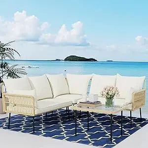 Outdoor Wicker Patio Furniture Set, Boho Sectional Conversation Sofa with Large Tempered Glass Coffee Table