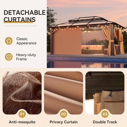 12'x16' Hardtop Gazebo, Outdoor Metal Gazebo with Double Polycarbonate Roof Canopy, Permanent Pavilion with Netting, Customized to Your Liking