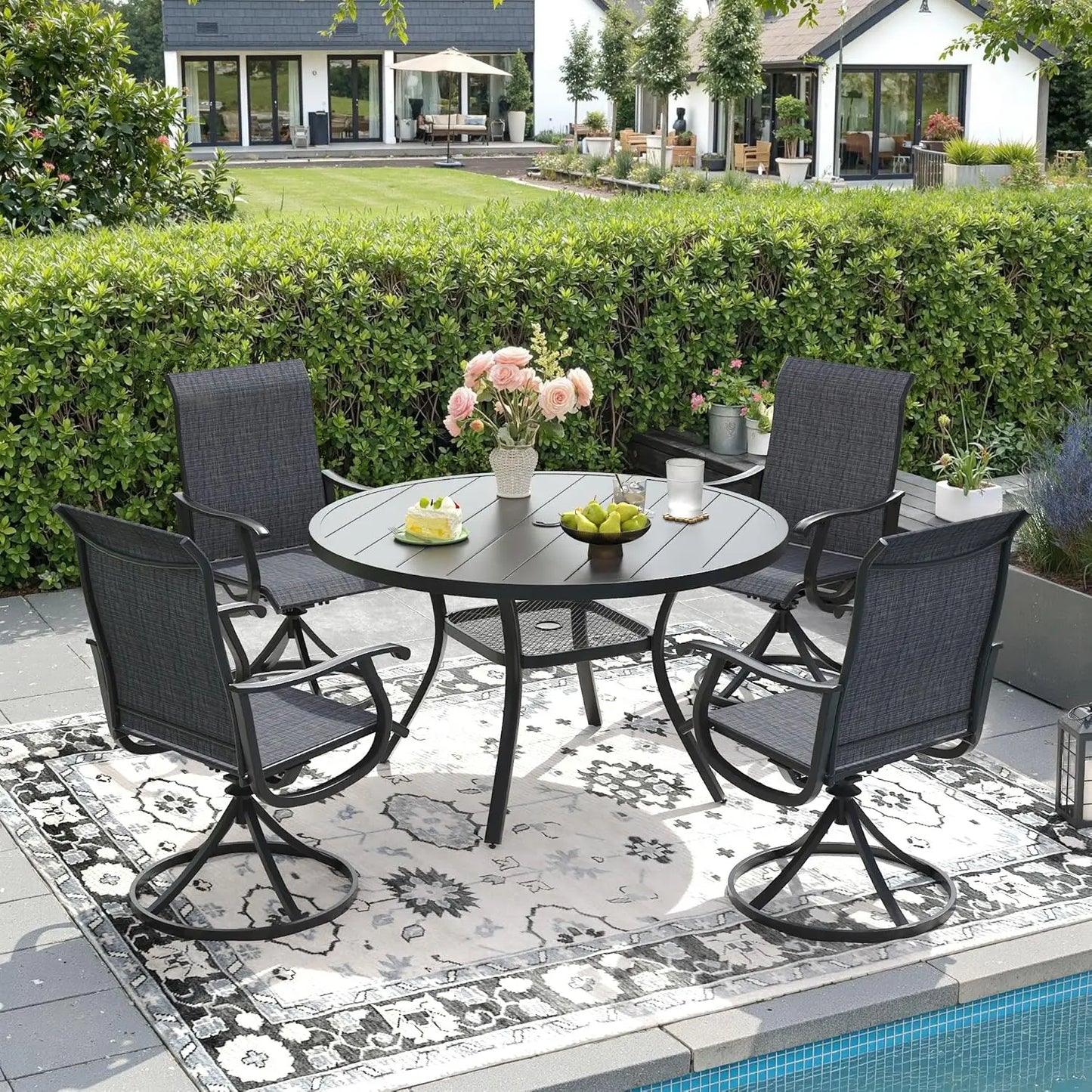 5-Piece Outdoor Dining Set with Textilene Swivel Chairs & 40.6" Round Metal Table