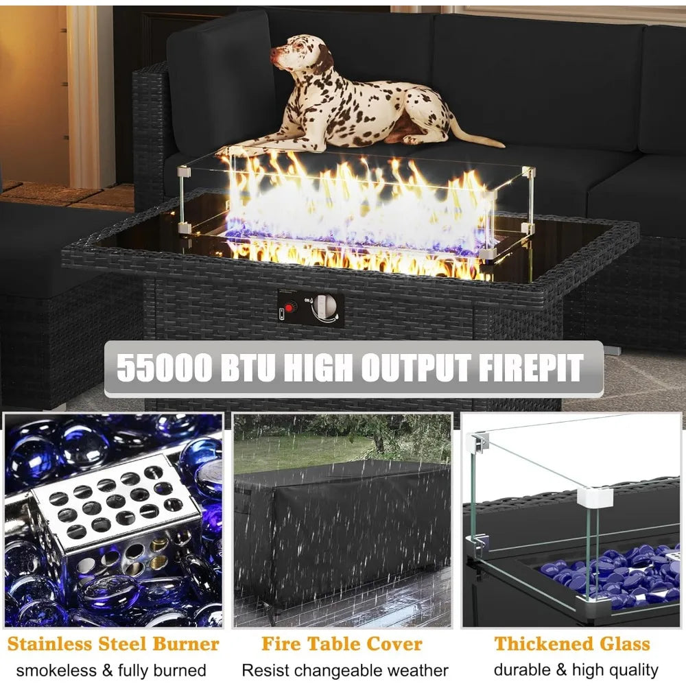 15-Piece Patio Furniture Set with Fire Pit Table – Outdoor Wicker Rattan Sectional Sofa & Coffee Table