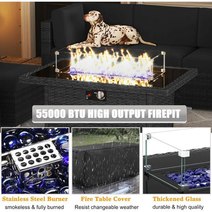 15-Piece Patio Furniture Set with Fire Pit Table – Outdoor Wicker Rattan Sectional Sofa & Coffee Table