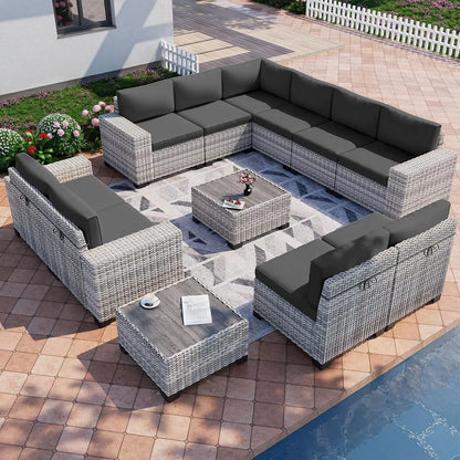 12-Piece Outdoor Wicker Patio Furniture Set, Sectional Sofa Conversation Set with Thick Cushions & Side Table