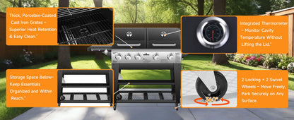 Gas Grill & Flat-Top Griddle Combo, 54,000 BTU Dual Cooking System, 5-Burner Grill Stove, Stainless Steel Panel for Outdoor Cooking.