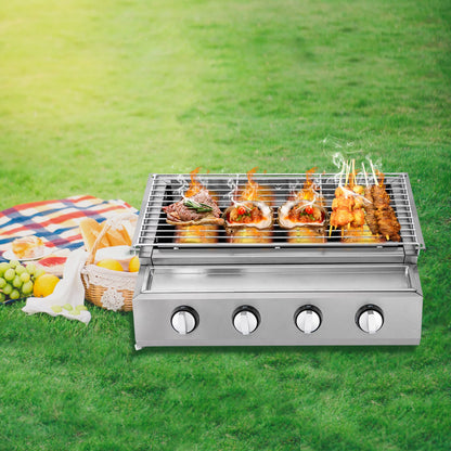 Stainless Steel Smokeless Barbecue Grill, 4 Burners, Outdoor Grill, Portable BBQ LPG Gas Removable Grill for Patio Garden.