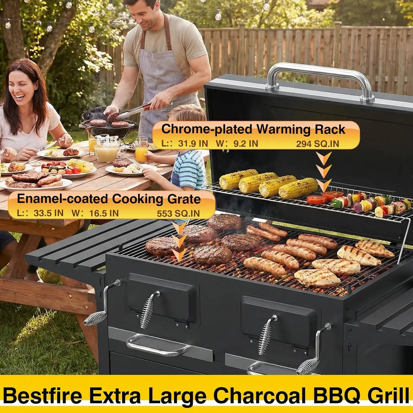 63" Charcoal BBQ Grill & Smoker with Dual Lifting Charcoal Trays