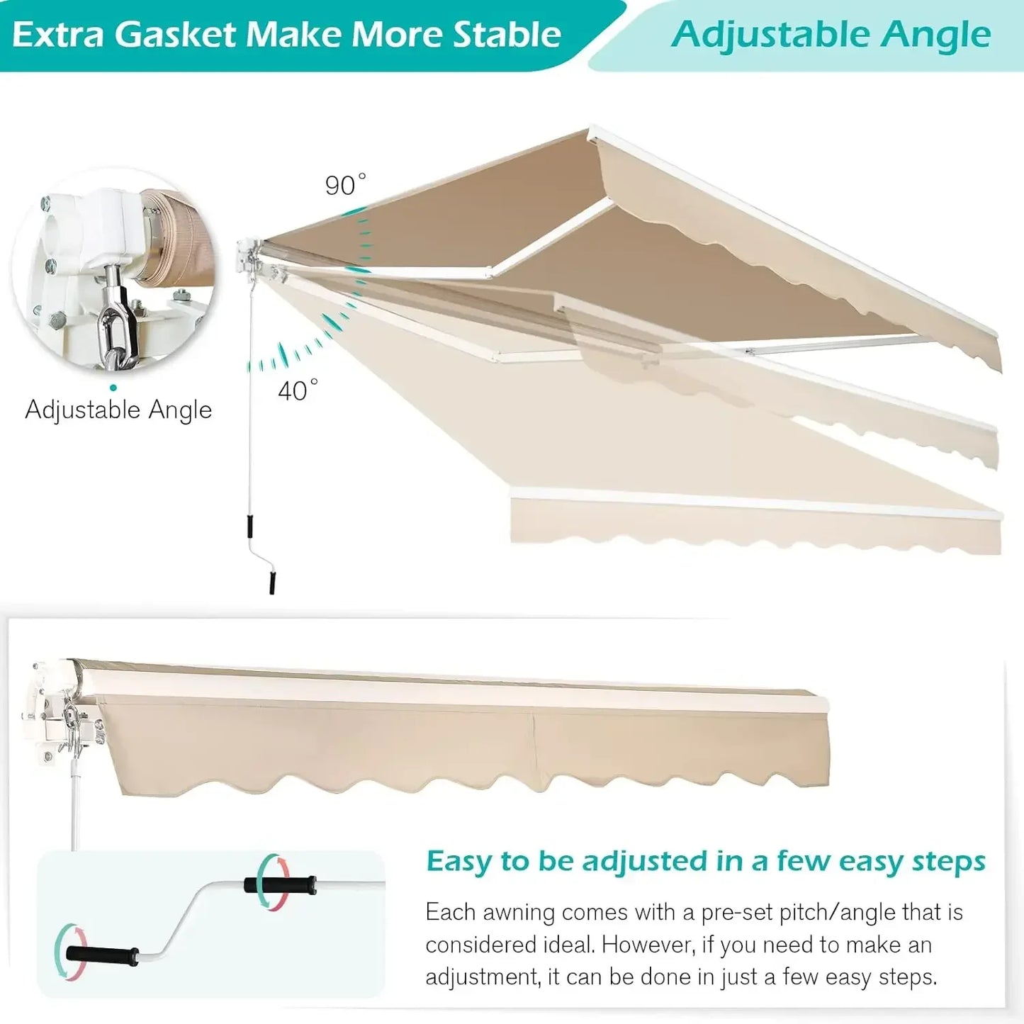 13' x 10' Retractable Patio Awning Sun Shade with Manual Crank & Durable Canopy