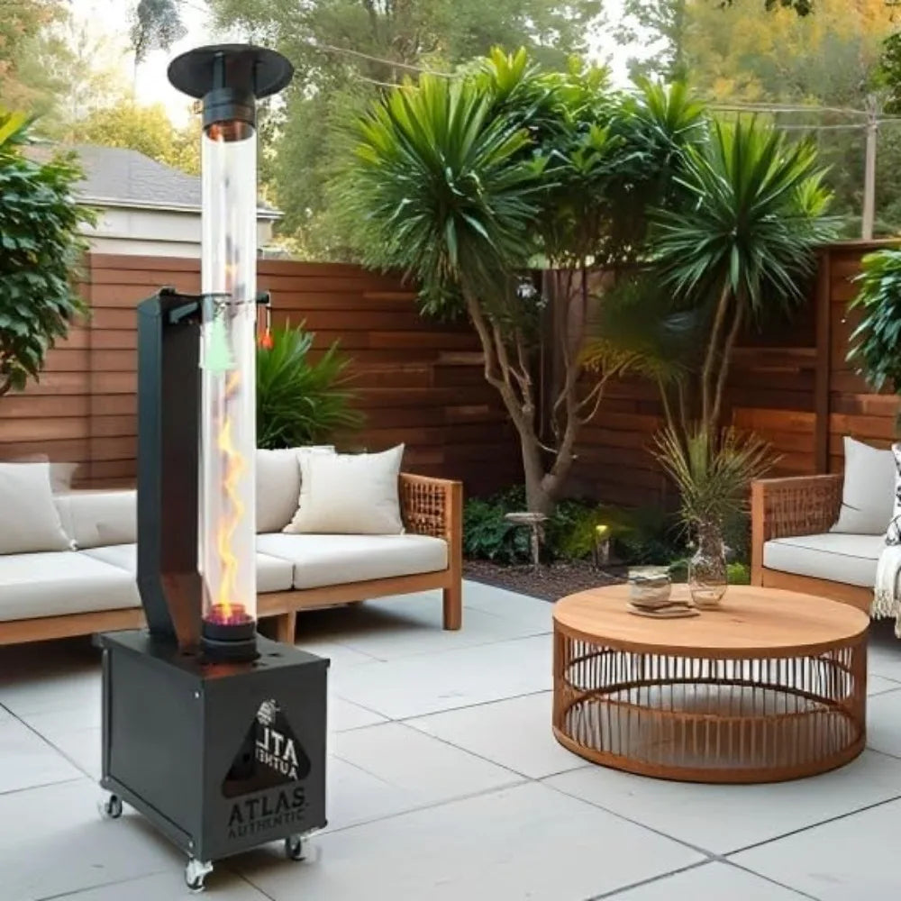Portable Wood Pellet Patio Heater with Smokeless Flame, Wheels & Easy Cleanout.