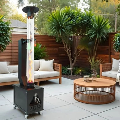 Portable Wood Pellet Patio Heater with Smokeless Flame, Wheels & Easy Cleanout.