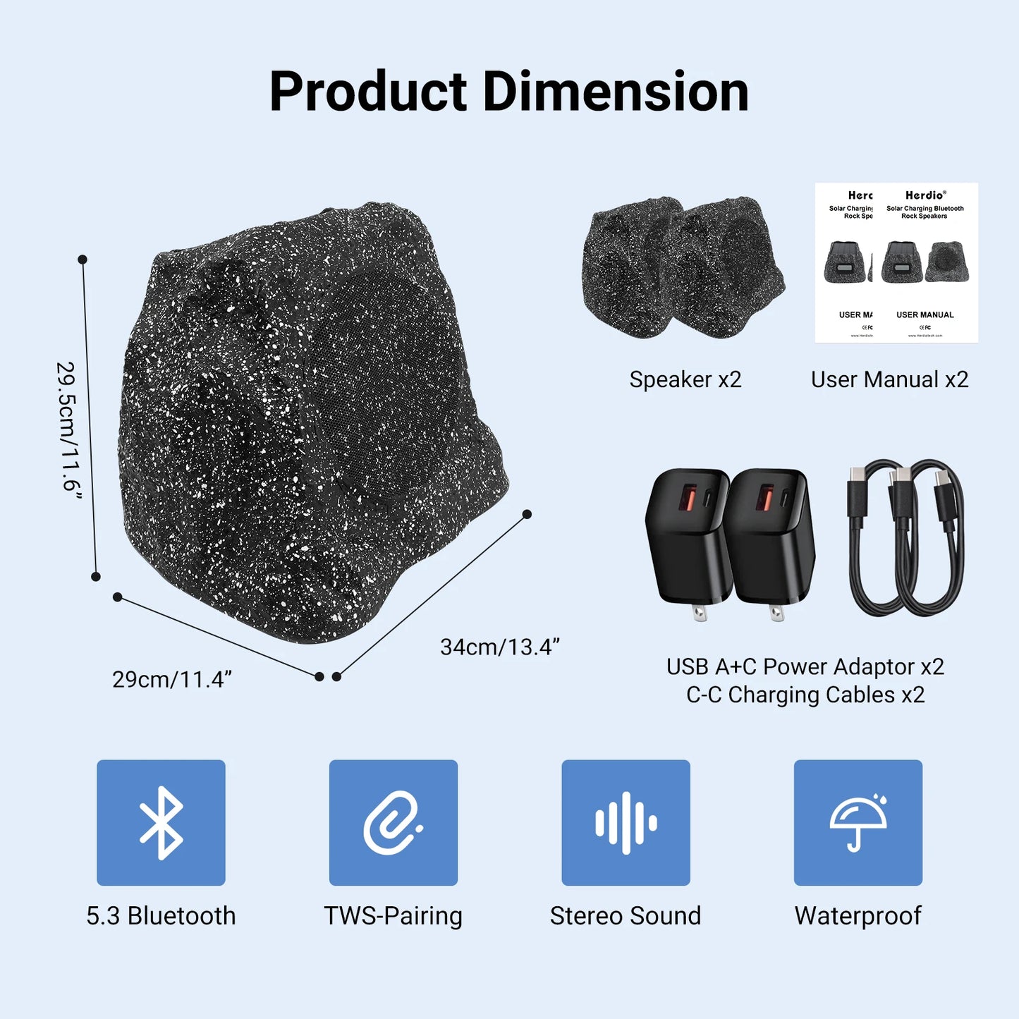 Herdio 8" Outdoor Bluetooth Rock Speakers, Waterproof IPX7, Solar-Powered, 240W, TWS, Rechargeable Battery