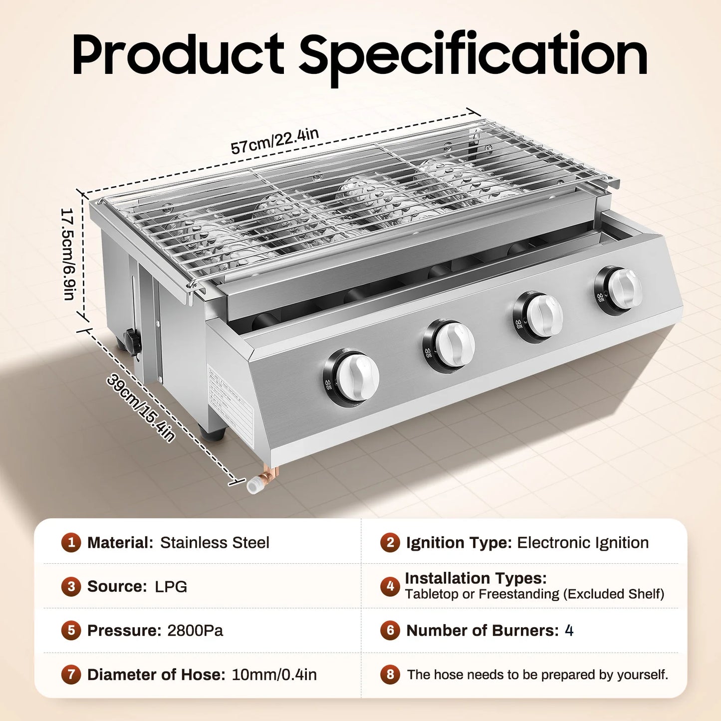 Stainless Steel Smokeless Barbecue Grill, 4 Burners, Outdoor Grill, Portable BBQ LPG Gas Removable Grill for Patio Garden.