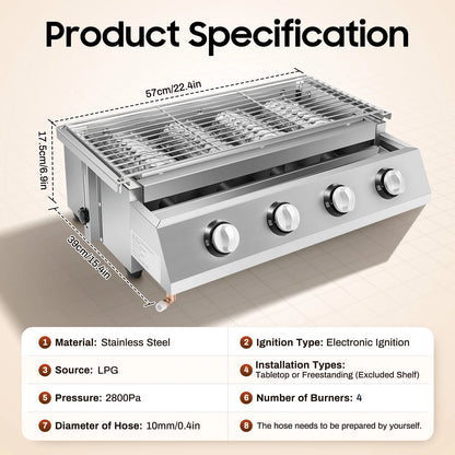 Stainless Steel Smokeless Barbecue Grill, 4 Burners, Outdoor Grill, Portable BBQ LPG Gas Removable Grill for Patio Garden.