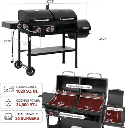 2-Burner Gas & Charcoal Grill Combo with Offset Smoker and Side Burner, 34,000 BTU, 1020 Sq. In. Cooking Area
