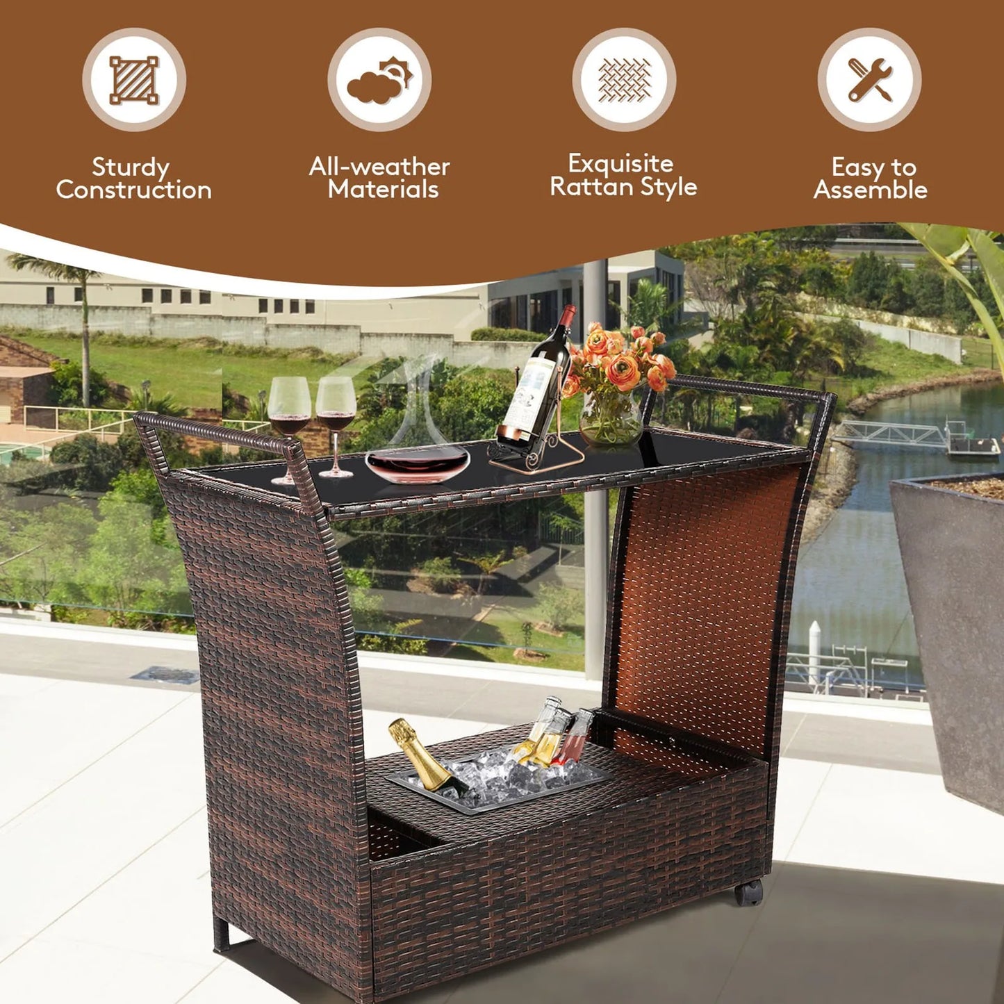 Rattan Patio Bar Cart- Beverage Bar Counter Table w/ Wheels & Ice Bucket