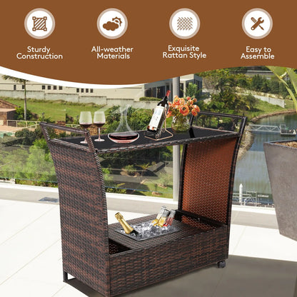 Rattan Patio Bar Cart- Beverage Bar Counter Table w/ Wheels & Ice Bucket