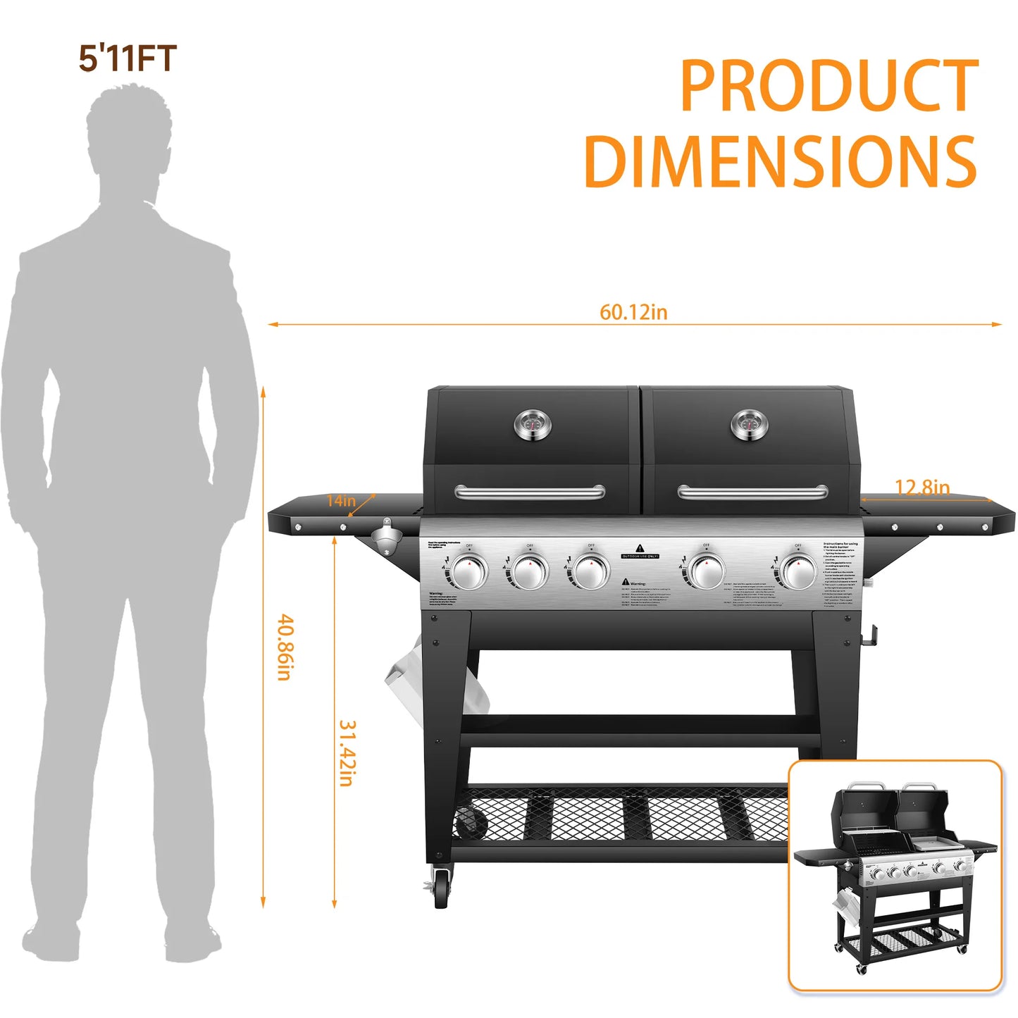 Gas Grill & Flat-Top Griddle Combo, 54,000 BTU Dual Cooking System, 5-Burner Grill Stove, Stainless Steel Panel for Outdoor Cooking.